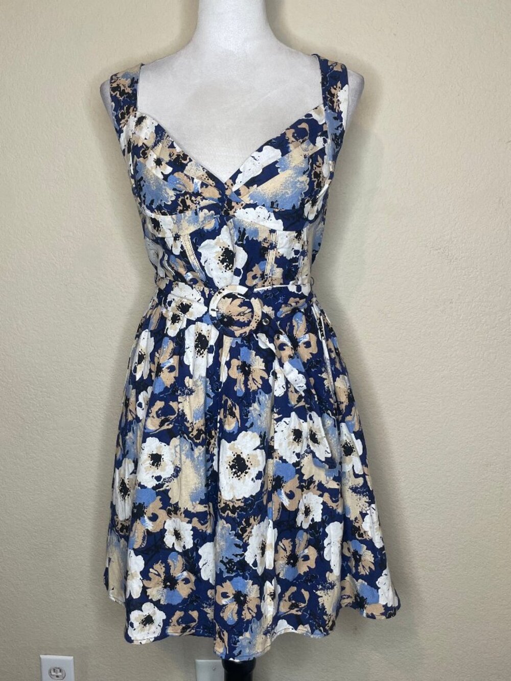 Lulus Navy Floral Linen Bustier Mini Dress XL Belted Cottagecore Sundress - Picture 2 of 12